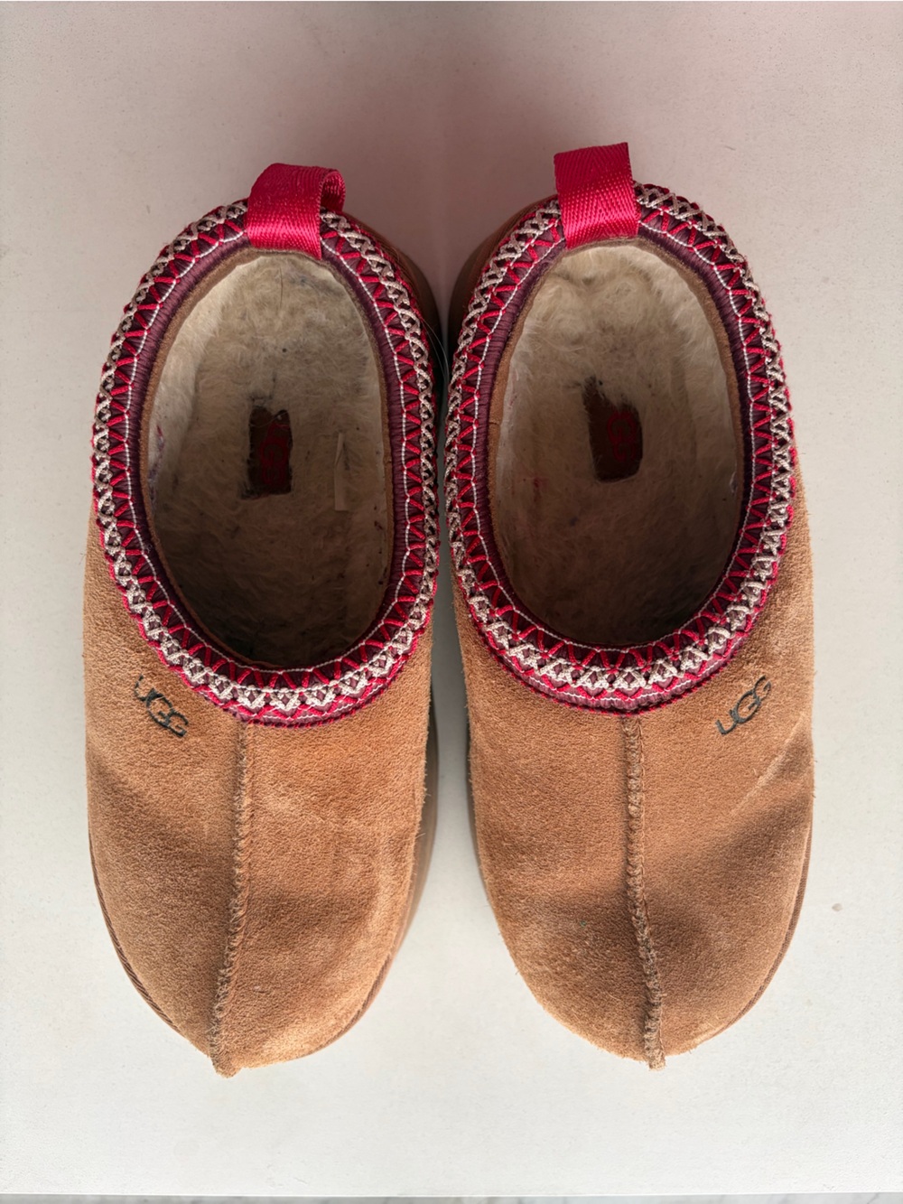 UGG Women’s Chestnut Suede Slip-On Slippers with Red Trim